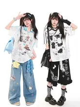Tシャツ レディース 半袖 猫柄 Vネック ルーズ オーバーサイズ サブカル スポーティー 甘辛MIX 夏