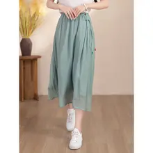 夏用 レディース Aラインスカート【中国風・刺繍デザイン・ルーズフィット・ミディ丈】