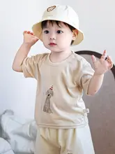 夏用 子供用 薄手半袖Tシャツ【雪花綿・カートゥーンデザイン・肩ボタン付き】（セットアップ対応）