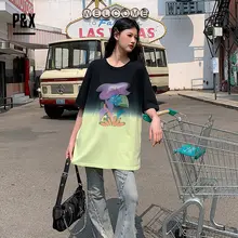 P&X 花柄アート 夏用プリントディップダイグラデーション半袖Tシャツ【レディース・カジュアル・ラウンドネック】