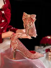 香槟色のリボン付きウェディングシューズ【新婦用・ハイヒール・クリスタル装飾】
