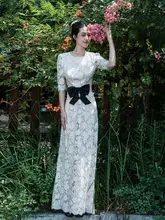 ドレス 女性 婚約 腰出し 白レース リボン 高級感