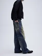 ウォッシュド・泥染め加工のデニムパンツ【破れ補修・アシンメトリーデザイン・ワイドストレート】（セットアップ対応）