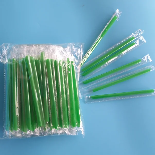 使い捨て緑豆スムージー用プラスチックストロー【中太・個包装・緑色】