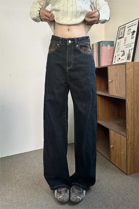 JIAONI アメリカンヴィンテージ パッチワークチェックストレートデニムパンツ【カジュアル 男女兼用・ワイドレッグ・ロング】
