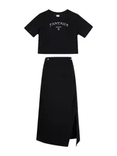 春夏新作 ブラックTシャツと中長丈スカートのコーディネート（セットアップ対応）