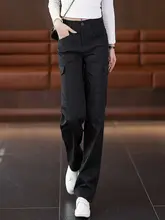 ハイウエストデニムスタイル作業パンツ【春秋用・スリムフィット・ワイドレッグデザイン・感】（セットアップ対応）