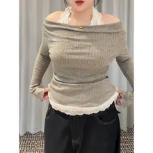 プラスサイズ レースデザインのハイネック長袖Tシャツ【春秋用・美しいシルエット・女性用】（セットアップ対応）