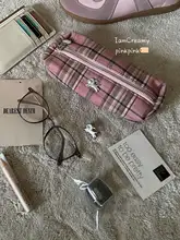 チェック柄のかわいい小犬デザインペンポーチ【綿製・文房具収納・化粧小物用】