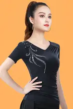 ラテン舞用 Vネック短袖トップス【極上の柔らかさ・ビジュー装飾・女性用】