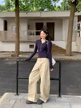 秋用 美式レトロカーキ色ワイドフィットカーゴパンツ【デザイン・女性用】
