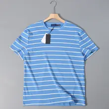 刺繍入りストライプデザインの丸首半袖Tシャツ【メンズ】