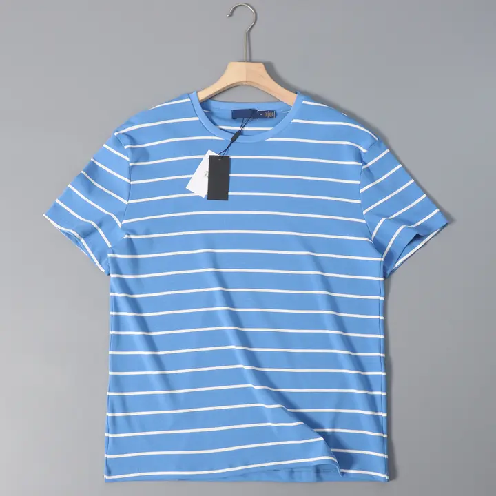 刺繍入りストライプデザインの丸首半袖Tシャツ【メンズ】