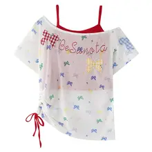リボン付きチェック柄スラッシュショルダー半袖Tシャツ【夏用・キャミソール付・UVカット】（セットアップ対応）