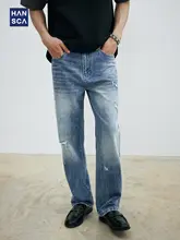 破れデザインのユーズド風デニムパンツ【コットン混・メンズ・夏用・ワイドストレート】