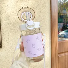 かわいい猫デザインのストロー付きグラス【持ち運びに便利・お茶と水分離】