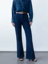 魅力あるブルーのフレンチスタイル デニムパンツ【ストレート・フレアレッグ・レディース】