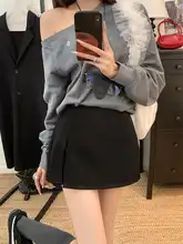 高腰デザインのグレー分岐スカート【Aライン・プレーン・黒色】（セットアップ対応）