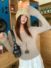 青いニットトップス【ボックスネック・フランス風・女性用】