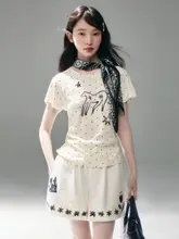 星芒の小馬デザイン コットン混合ドット柄 手描きプリントのラグランショートスリーブTシャツ