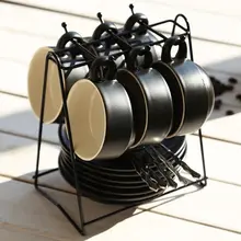 シンプルデザインの欧風陶器コーヒーカップセット【ソーサー・スプーン付き・骨China製・収納スタンド含む】