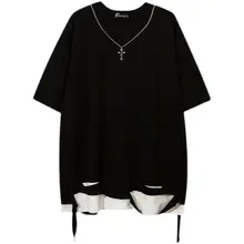 デザイン性のある切り替え風Tシャツ【夏用・ヒップホップスタイル・ショートスリーブ・チェーン付き】（セットアップ対応）