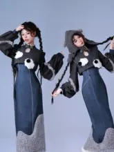 かわいらしいデザインのニット風旗袍ロングドレス【秋冬用・厚手・ストレッチ】（セットアップ対応）
