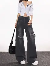 ヴィンテージチェックパッチワークストレートデニムパンツ【黒・ハイウエスト・ダメージデザイン・ワイドレッグ】