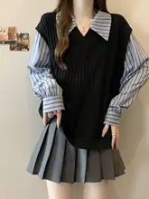 ルーズフィット ニットストライプシャツ【秋用・短丈・大きいサイズ・二重デザイン】（セットアップ対応）