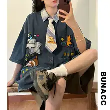 夏季アメリカンヴィンテージカートゥーン刺繍デニム半袖シャツ【ユニセックス・フィット・学院風】