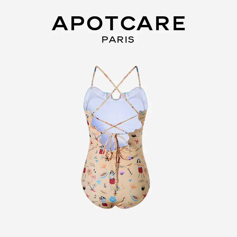 APOTCARE ビーチやプールに最適！バックオープンのフラワープリン トワンピース水着【ストラップタイプ・小清新スタイル】