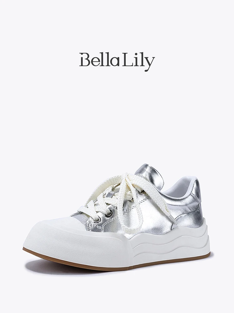 BellaLilyのストリートスタイル牛革スニーカー：歩きやすいレースアップフラットシューズの実用性とフィット感
