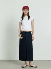 幾何学模様デニム色のワイドストレートスカート【春夏用・スリット入り・Aライン】