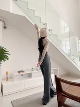 猫境 グレーウールハイウエストストレートパンツ【秋冬用・フィット・シンプルデザイン】