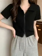 ダブルジップポロ衿ピンク短袖Tシャツ【デザイン性・ cropped・カーディガンスタイル】