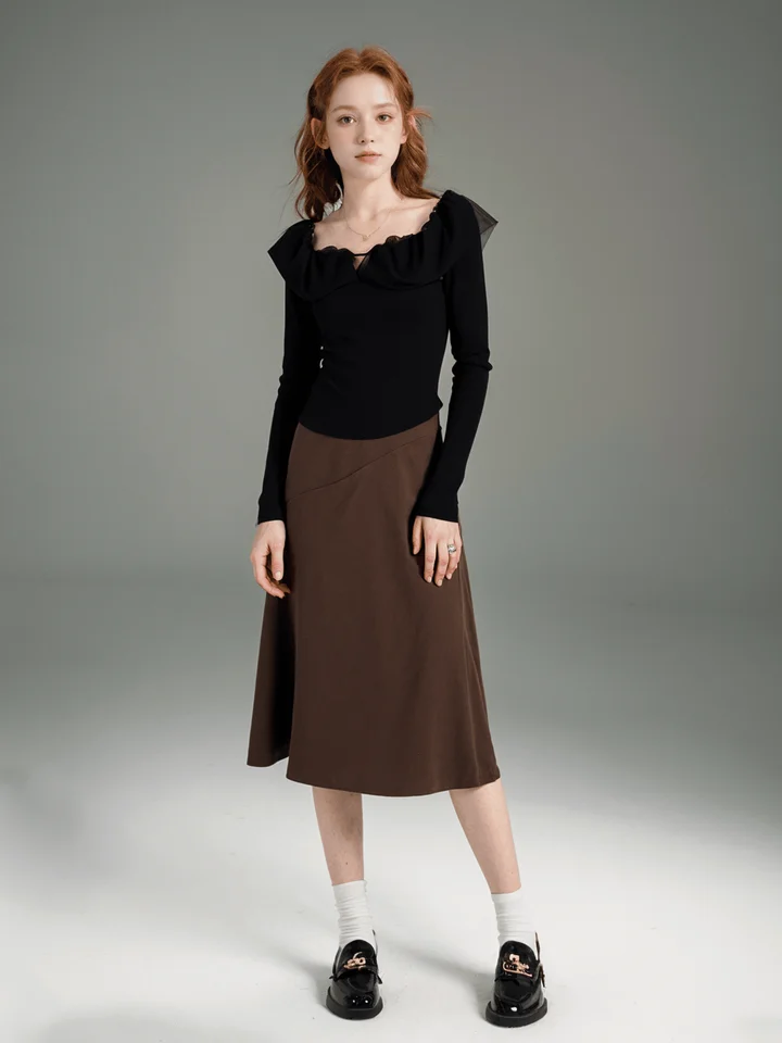 卓芝 一字肩デザインのストレッチ長袖Tシャツ【メッシュパネル・フィットタイプ】