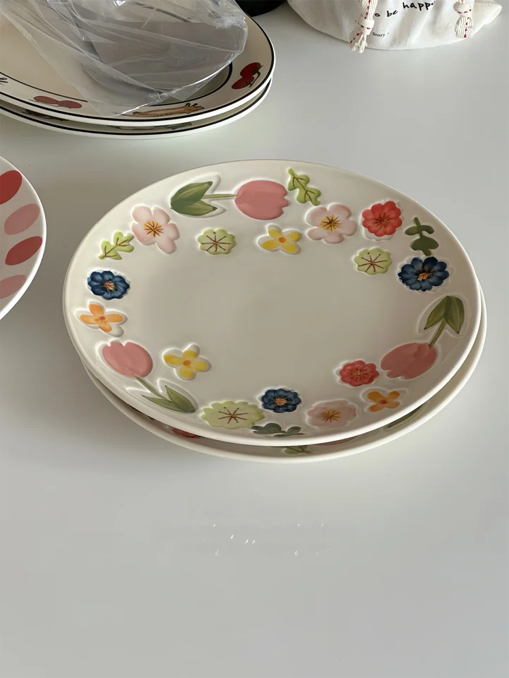 田園風 花柄プリント 陶器浅皿【家庭用・釉下彩・フルーツプレート】