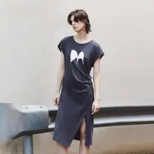 印花デザインのフリル袖高腰ドレープ不規則スリットワンピース【女性用・個性的なスタイル】