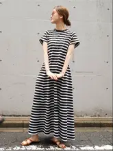 ストライプデザインのウエスト絞りショートスリーブワンピース【スタイル・大きな裾】（セットアップ対応）