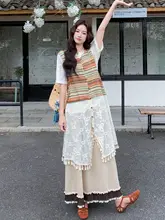レースパッチワークストライプタンクトップワンピースとTシャツのスカート【夏用・レディース・三点セット（セットアップ対応）】