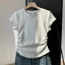 デザイン性に優れたグレーのショートスリーブTシャツ【フィット感・ウエストシェイプ】