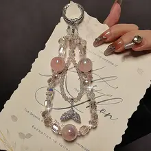 バッグチャーム キーホルダー リストストラップ ローズクォーツ ビーズ ピンク スマホ用 上品
