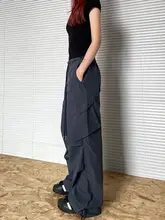 上品な霧がかった青のワイドレッグカーゴパンツ【レトロストリート  スタイル・ゆったりシルエット】（セットアップ対応）