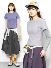 春季アウトドア用 カラーブロック風デザイン 長袖Tシャツ【ストライプスリーブ・細身効果】