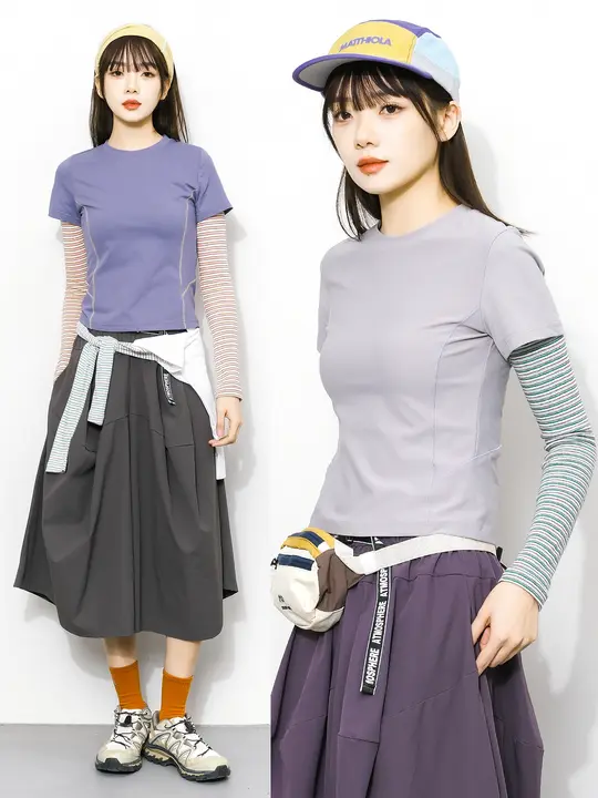 春季アウトドア用 カラーブロック風デザイン 長袖Tシャツ【ストライプスリーブ・細身効果】