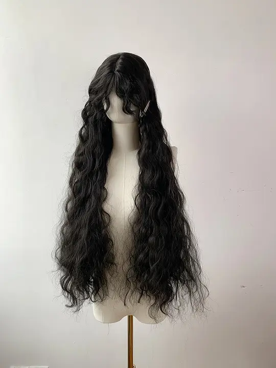 黒色高温丝素材の超ロングカールウィッグ【微巻き前髪デザイン・フルヘッド用】