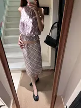 レトロデザインのストレートチェック柄スカートと抽绳付きビスチェ【多様な着こなし対応】（  セットアップ対応）