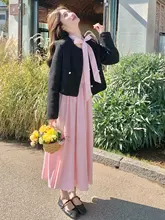 ピンクのリボン付きロングドレスと黒のジャケット【気品あるエレガントスタイル・重ね着対応】
