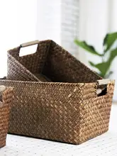 大容量草編整理バスケット【デスクトップ収納用・自然素材・ウェッジウッドデザイン】