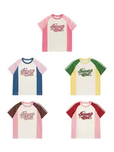 Tシャツ キッズ ガールズ 半袖 ミディアム丈 アルファベット柄 バイカラー パッチワーク 伸縮性 通気性 キュート 夏 おしゃれ